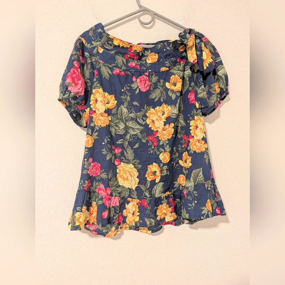 Navy Colorful Floral Cotton Boat Neck Puff Sleeve Relaxed Blouse M Resortwear - Picture 3 of 11